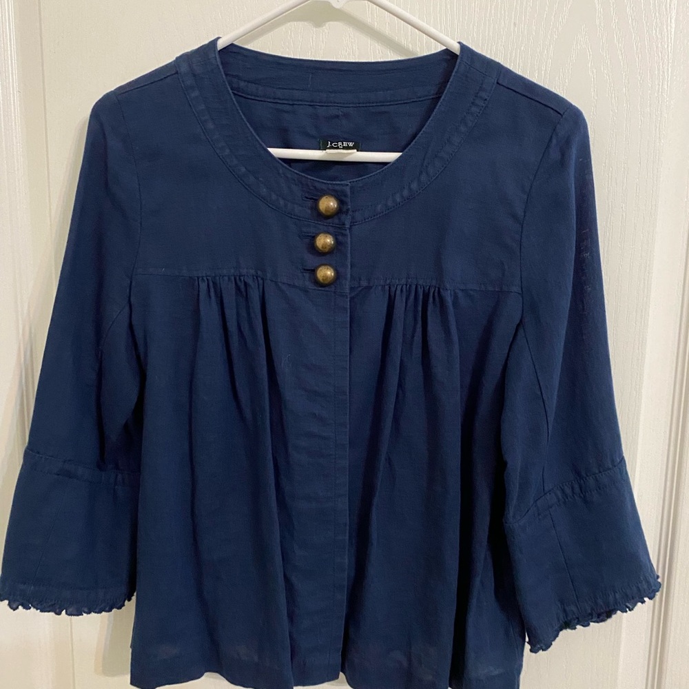 J. Crew Linen Blend Women's 6 Navy Lightweight Jacket 3/4 Sleeve Ruffle Twee